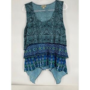 One World Sleeveless Tank Top Layered Geometric Blue Print Casual 1X